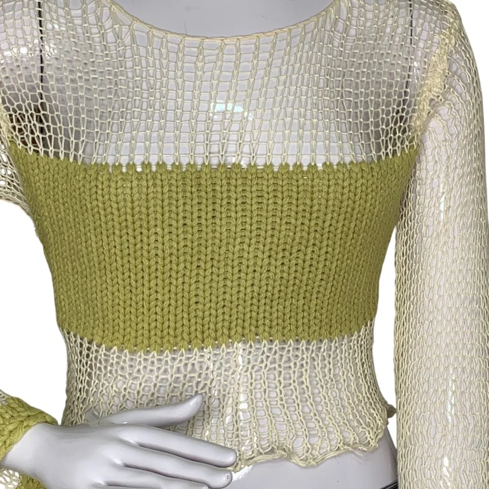 Klesis Crop Top Crochet Long Sleeve Beige Green Size S